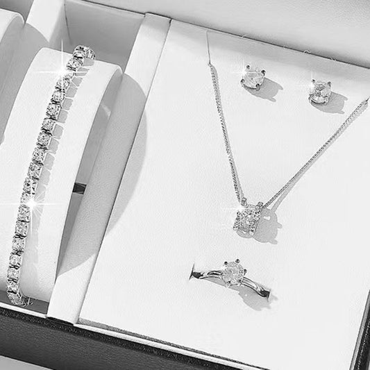 Rhinestone Sliver Plates Jewelry 4 piece Set Bracelet Ring Earring & Necklace